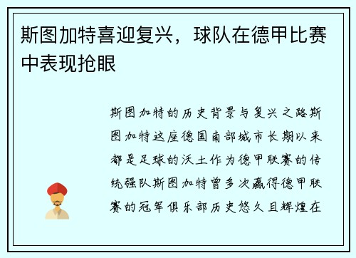 斯图加特喜迎复兴，球队在德甲比赛中表现抢眼