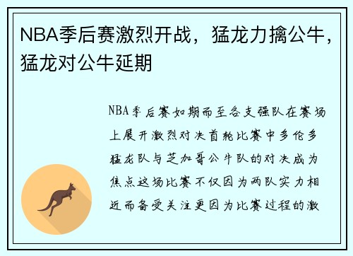 NBA季后赛激烈开战，猛龙力擒公牛，猛龙对公牛延期
