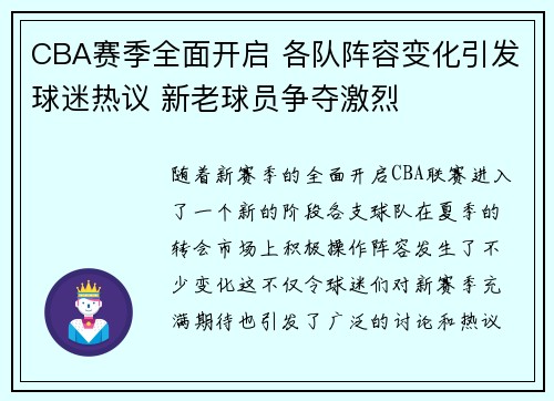 CBA赛季全面开启 各队阵容变化引发球迷热议 新老球员争夺激烈