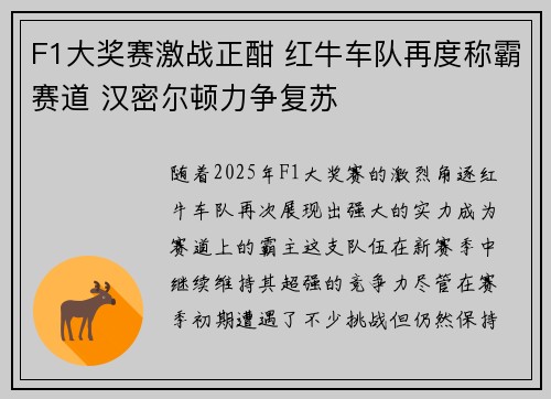 F1大奖赛激战正酣 红牛车队再度称霸赛道 汉密尔顿力争复苏