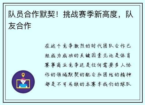 队员合作默契！挑战赛季新高度，队友合作